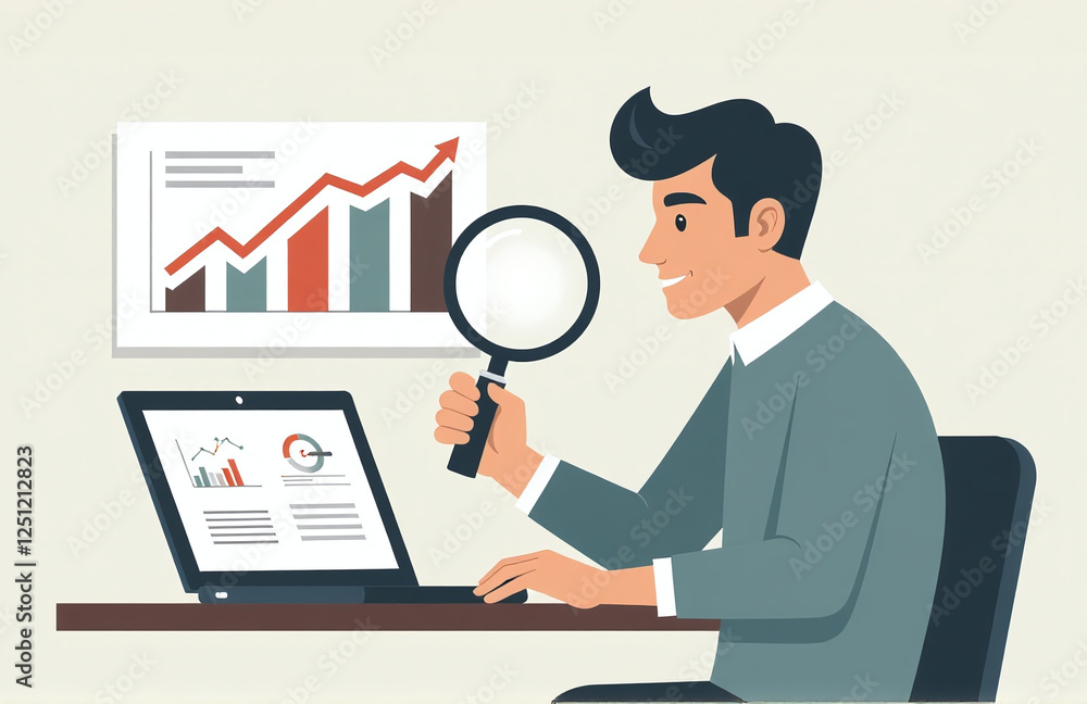 A Businessman Uses A Magnifying Glass To Focus On His Target Goal And Various Corporate Development Strategies. 00002 A Businessman Uses A Magnifying Glass To Focus On His Target Goal And Various Corporate Development Strategies. 00002