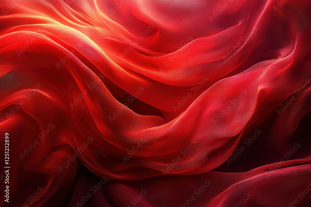 Fototapeta premium Red silk fabric draped elegantly, casting soft shadows in a sunlit room.