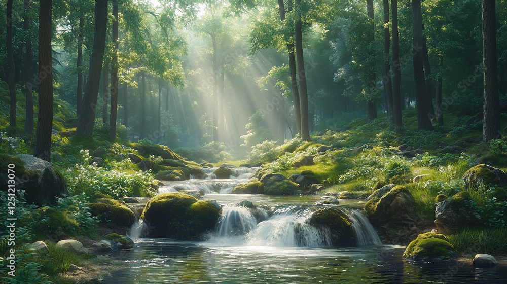 Obraz premium a peaceful forest scene with a crystal-clear stream flowing between moss-covered rocks, surrounded by towering trees and softly illuminated by gentle morning light