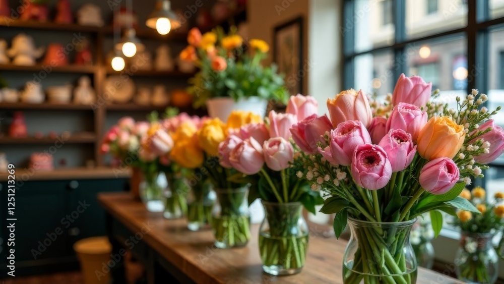 fresh tulip bouquets in glass vases on a rustic wooden table in a flower shop with a cozy atmosphere, warm lighting, and a large window, concept of floristry, seasonal decor, event styling fresh tulip bouquets in glass vases on a rustic wooden table in a flower shop with a cozy atmosphere, warm lighting, and a large window, concept of floristry, seasonal decor, event styling