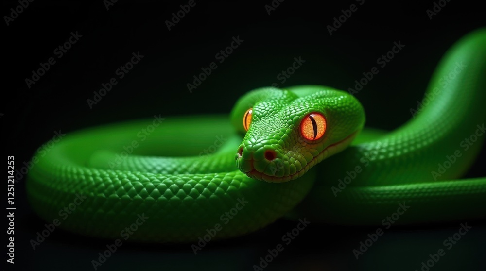 Fototapeta premium Resting Neon Green Viper with Radiant Orange Eyes