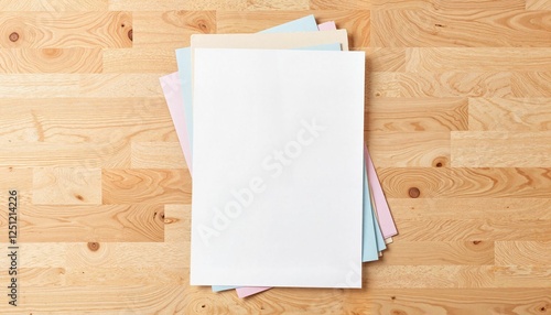 Minimal A4 paper stack on light oak table, stylish organization