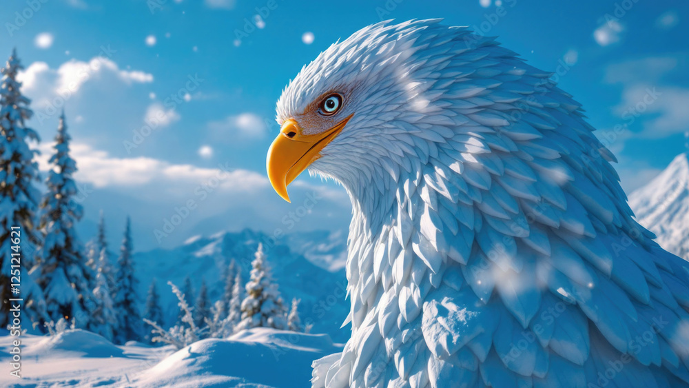 Obraz premium Majestic snow eagle in winter mountain landscape with snowfall