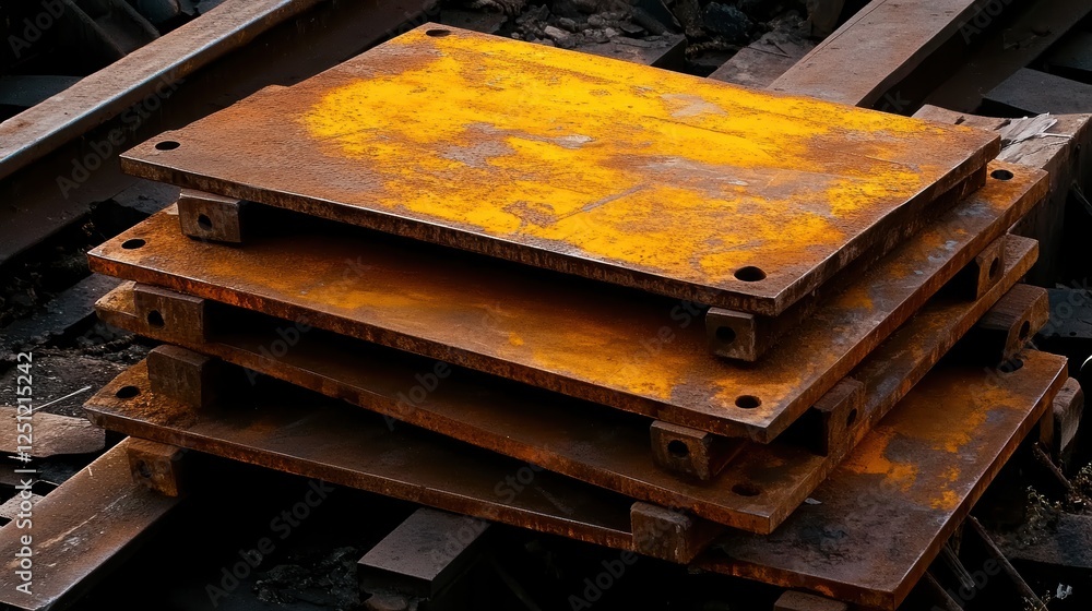 Stacked rusty metal plates in an industrial setting. Stacked rusty metal plates in an industrial setting.