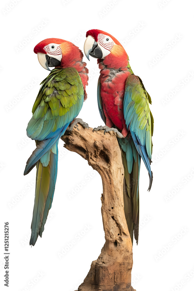 Two Green Winged Macaws on a perch,on transparent background Two Green Winged Macaws on a perch,on transparent background
