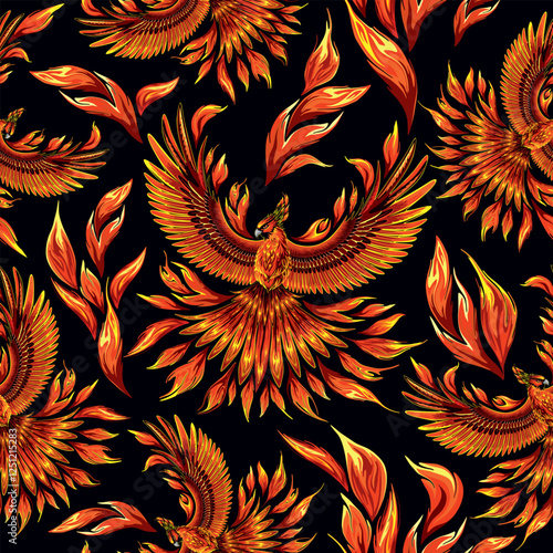 Phoenix mithological Creature looking like a Bird with Fire Feathers Vector Repeat Seamless Pattern Design
