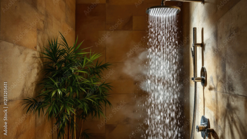 Obraz premium Luxurious bathroom shower with flowing water and green plant decor