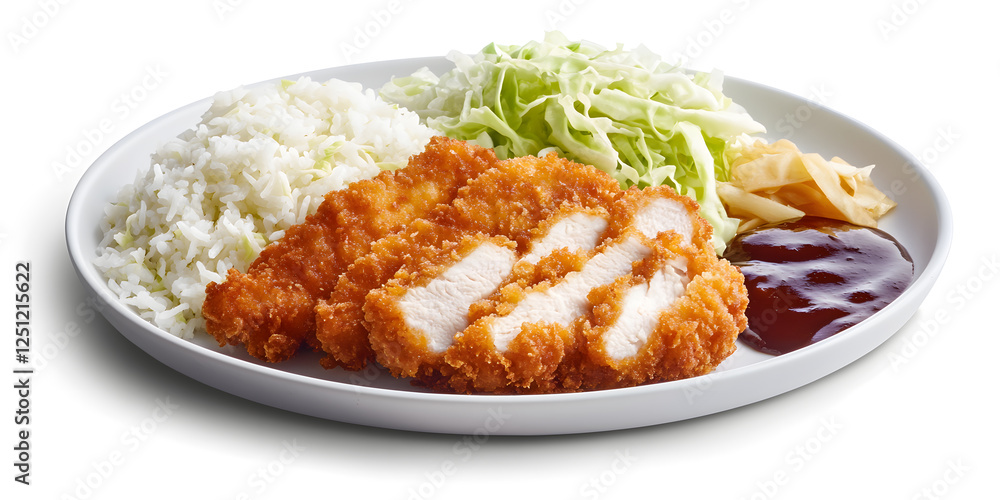 Tender chicken katsu with crispy, fried chicken cutlet, accompanied by fluffy rice, fresh cabbage, and katsu sauce Tender chicken katsu with crispy, fried chicken cutlet, accompanied by fluffy rice, fresh cabbage, and katsu sauce