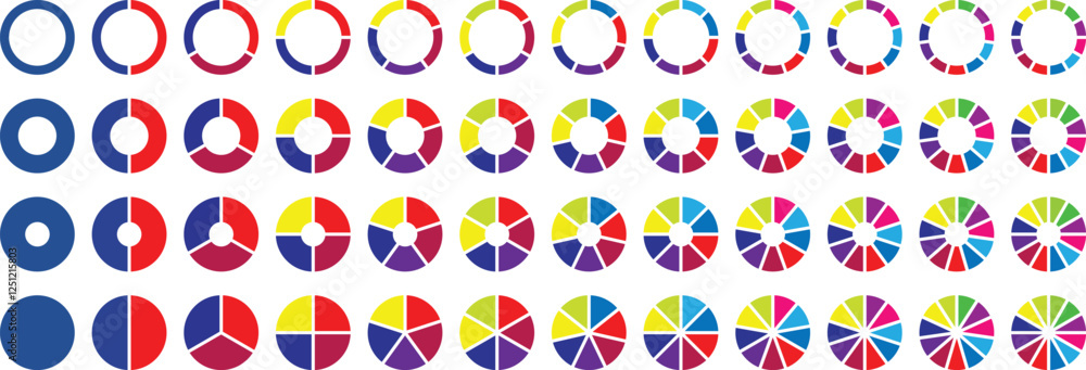 Circle section graph. Pie charts diagrams. Set of different color circles isolated. Infographic element round shape. Pie chart divided 3, 4, 5, 6, 7, 8, 9, 10, 11, 12 equal parts. Vector illustration. Circle section graph. Pie charts diagrams. Set of different color circles isolated. Infographic element round shape. Pie chart divided 3, 4, 5, 6, 7, 8, 9, 10, 11, 12 equal parts. Vector illustration.