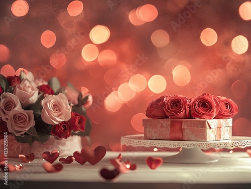 alentine's Day background with gift boxes, roses, and heart-shaped decorations on a white table with red bokeh lights in the background. Stock photo contest winner, award-winning photography, photo