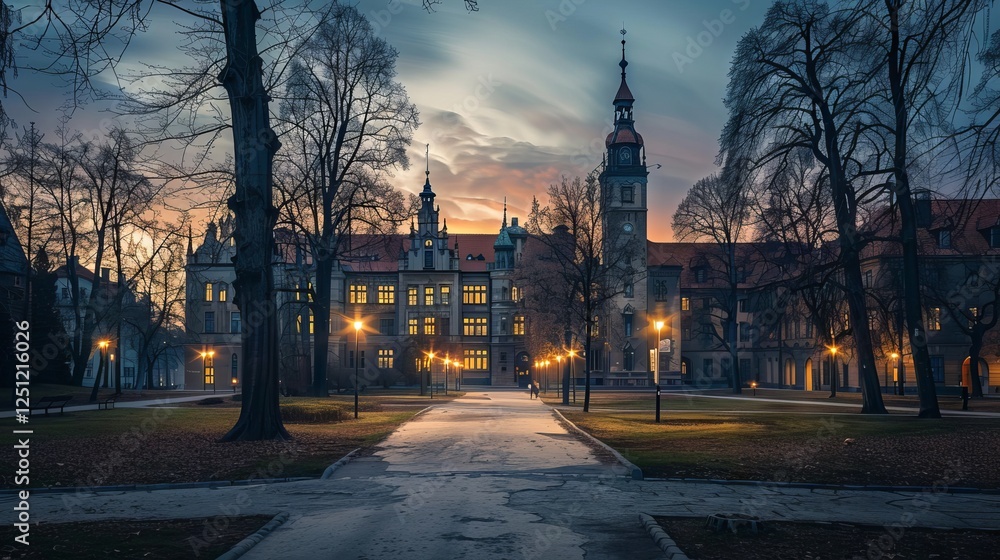 Obraz premium Modern campus of jagiellonian university in krakow, poland with contemporary architecture and green spaces