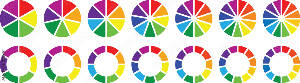 Obraz premium Pie charts diagrams. Set of different color circles isolated. Infographic element round shape. Circle pie chart diagram. 2,3,4,5,6,7, 8, 9, 10, 11, 12 sections or steps. Colorful Pie chart set. Vector