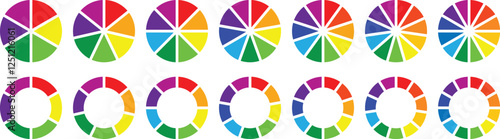 Pie charts diagrams. Set of different color circles isolated. Infographic element round shape. Circle pie chart diagram. 2,3,4,5,6,7, 8, 9, 10, 11, 12 sections or steps. Colorful Pie chart set. Vector