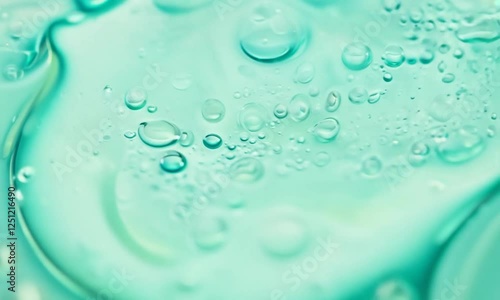 Close-up shot of a turquoise gel with air bubbles. The camera moves slowly across the surface of the gel, revealing the bubbles' movement and interaction.