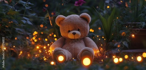 Wallpaper Mural Beige teddy bear surrounded by flickering fairy lights in a magical nighttime garden Torontodigital.ca