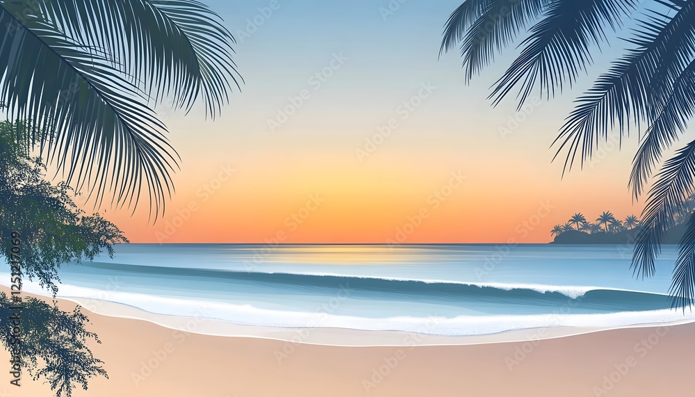 Obraz premium Serene Sunset Beach Scene With Palm Trees