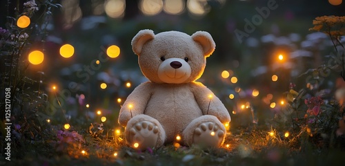 Wallpaper Mural Beige teddy bear surrounded by flickering fairy lights in a magical nighttime garden Torontodigital.ca