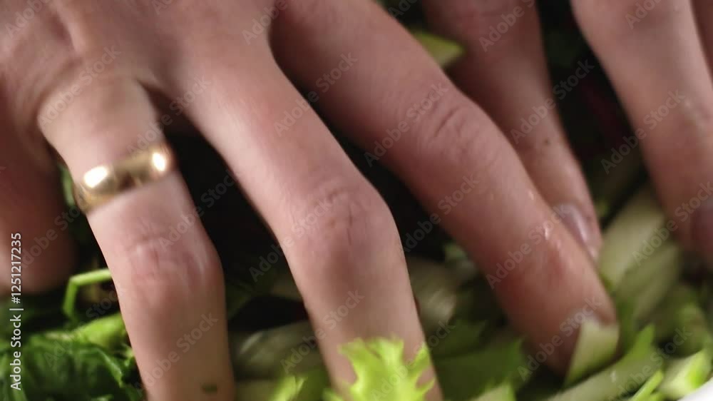 Hands skillfully mixing a fresh salad made from a variety of green vegetables and crisp lettuce for a healthy meal Hands skillfully mixing a fresh salad made from a variety of green vegetables and crisp lettuce for a healthy meal