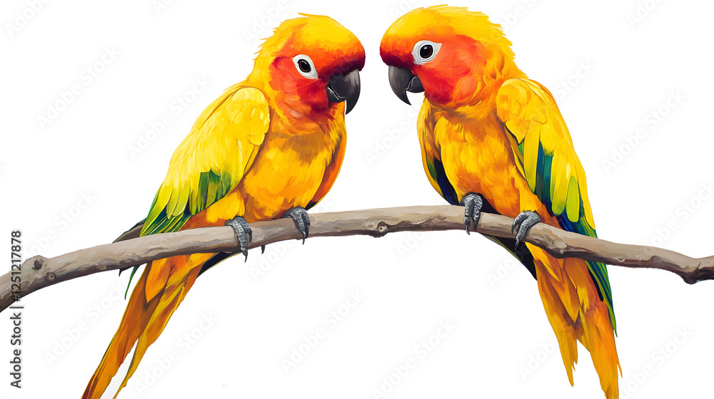 Two ibrantly colored sun conures perched on a branch ,on transparent background Two ibrantly colored sun conures perched on a branch ,on transparent background