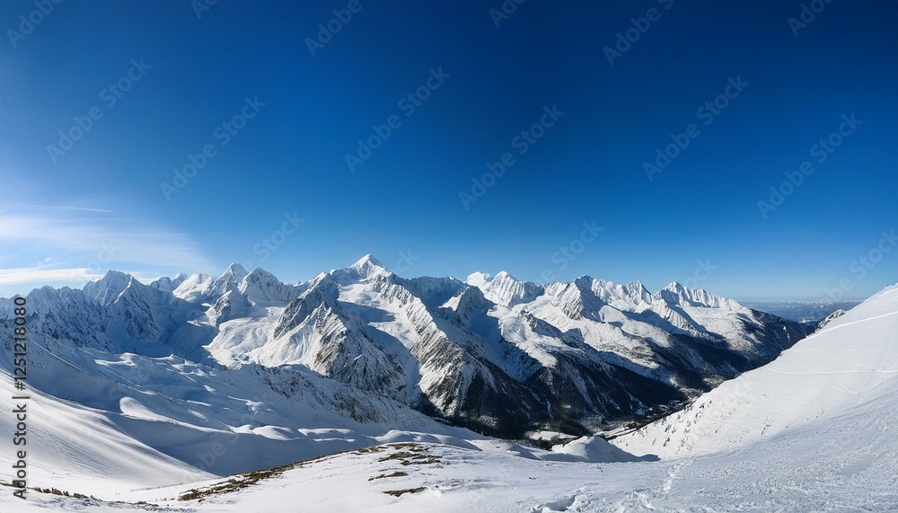 Naklejka premium a panoramic view of a snow capped mountain range under a clear blue sky