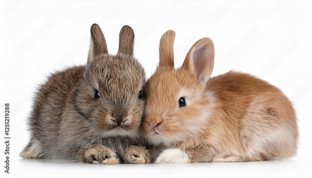 Fototapeta premium two cute fluffy rabbits snuggling closely isolated on white background