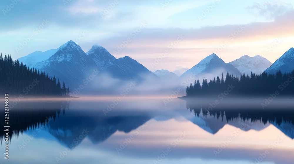 Serene Mountain Lake at Dawn - Misty mountain lake reflecting a beautiful sunrise, peaceful and tranquil scene. Perfect for travel, nature, or serenity themes. Serene Mountain Lake at Dawn - Misty mountain lake reflecting a beautiful sunrise, peaceful and tranquil scene. Perfect for travel, nature, or serenity themes.