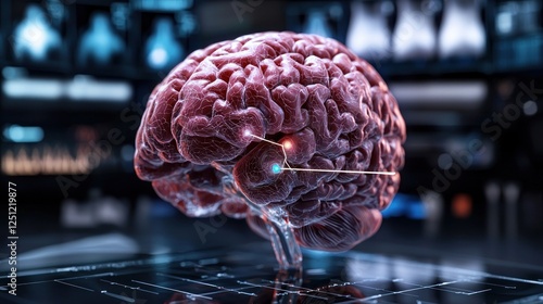 Detailed view of a human brain with neural connections, set in a futuristic medical lab environment