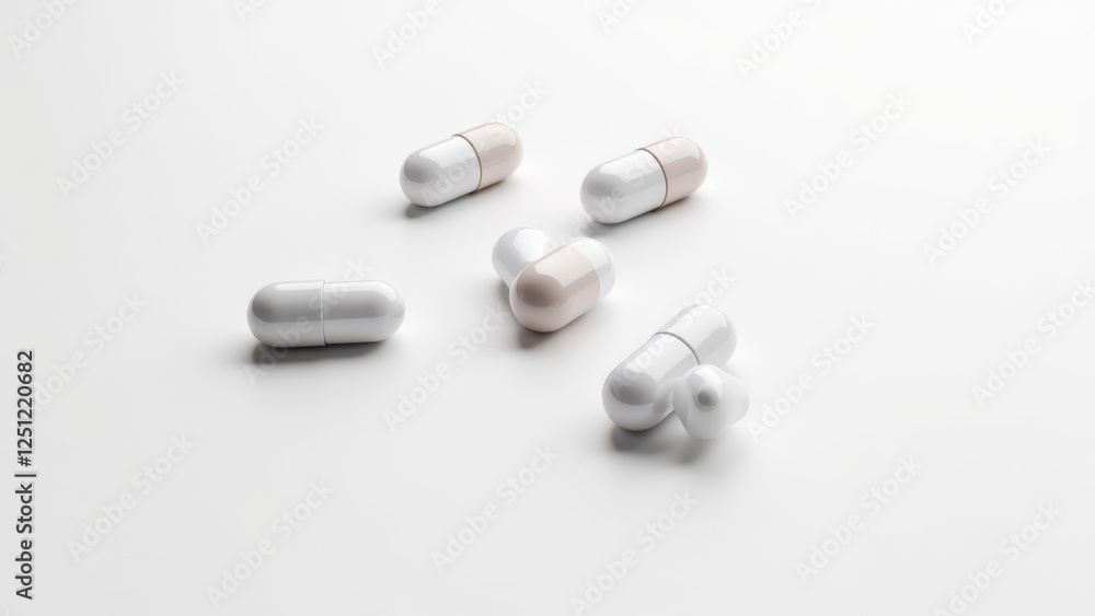 A collection of white pills with different shades of gray pill capsules on a light grey surface, representing semaglutide medication. A collection of white pills with different shades of gray pill capsules on a light grey surface, representing semaglutide medication.