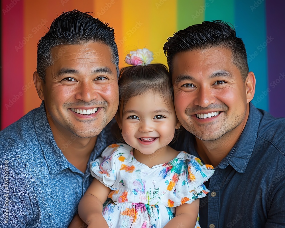 A cheerful family portrait featuring two men with a young girl against a vibrant rainbow background, radiating joy and togetherness. A cheerful family portrait featuring two men with a young girl against a vibrant rainbow background, radiating joy and togetherness.