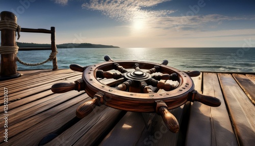 a weathered ship s wheel rests on a wooden surface its rope wrapped rim hinting at a life spent navigating the open sea photo