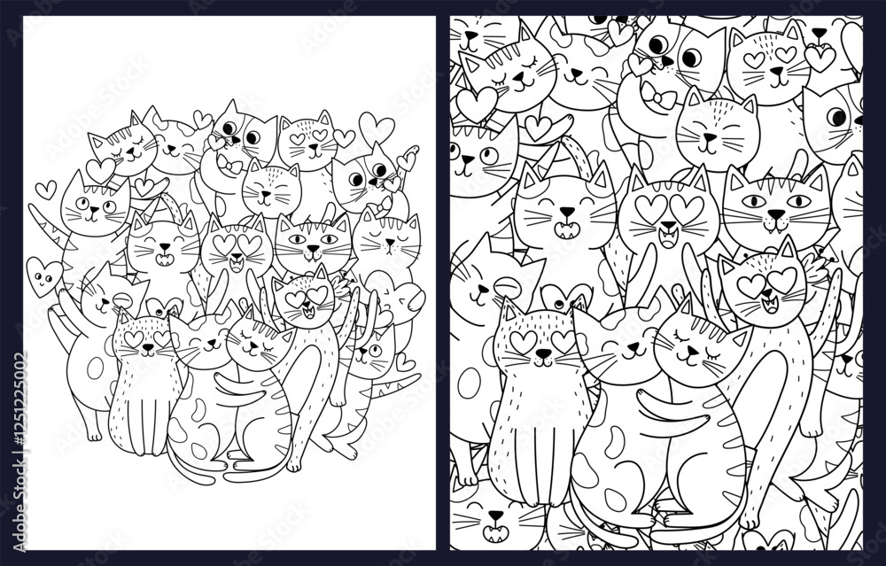 Obraz premium Coloring pages set with cute loving cats. Valentine's Day and Love feline characters templates collection for coloring book for kids and adults. Vector illustration