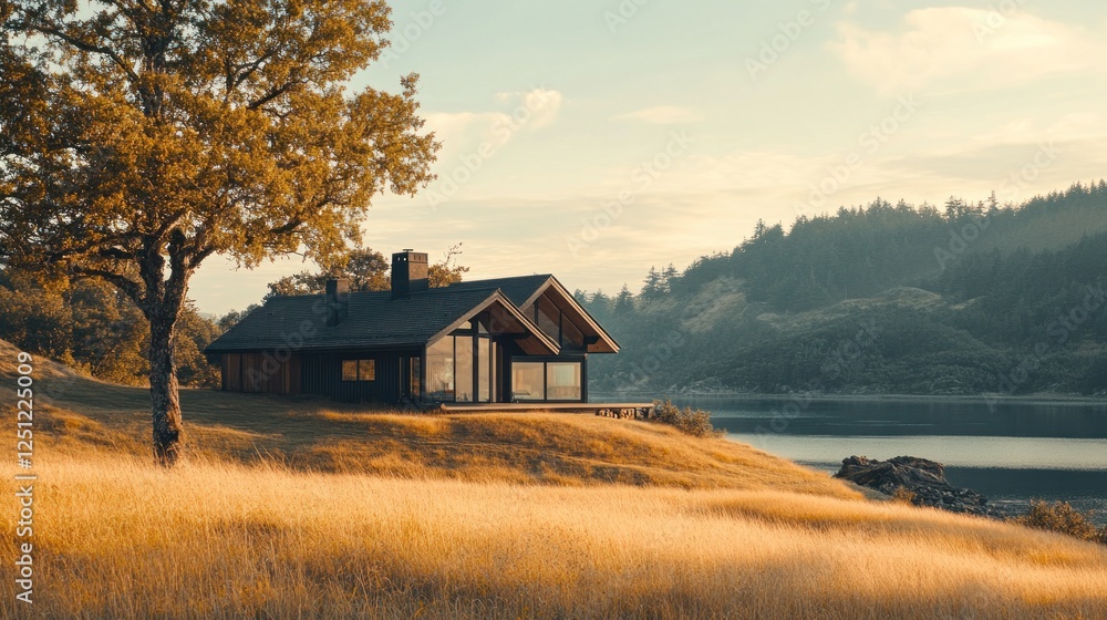 Lakeside modern home autumn sunset rural landscape Lakeside modern home autumn sunset rural landscape