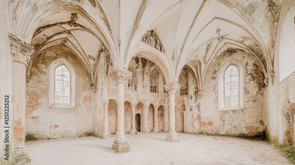 Gothic chapel ruin interior, daytime, overgrown exterior, historical tourism Gothic chapel ruin interior, daytime, overgrown exterior, historical tourism
