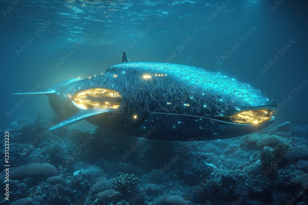 Fototapeta premium Futuristic submarine, ocean coral reef, underwater exploration, glowing lights, science fiction