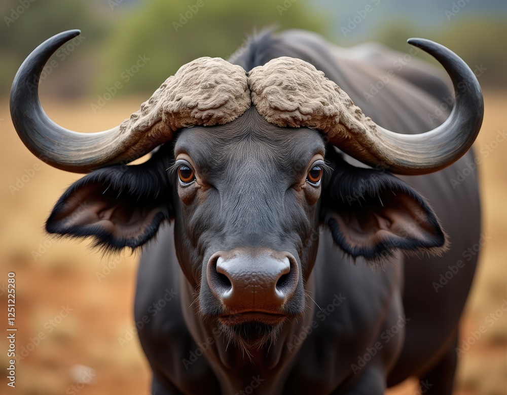 Naklejka premium Majestic African Cape Buffalo Bull Close Up Portrait Powerful Horns Wild Animal