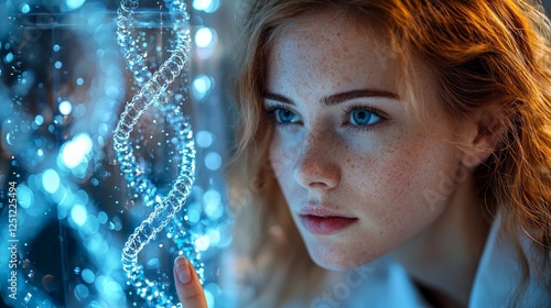 Woman looking at DNA helix, futuristic background, scientific study, possible use in science or education photo