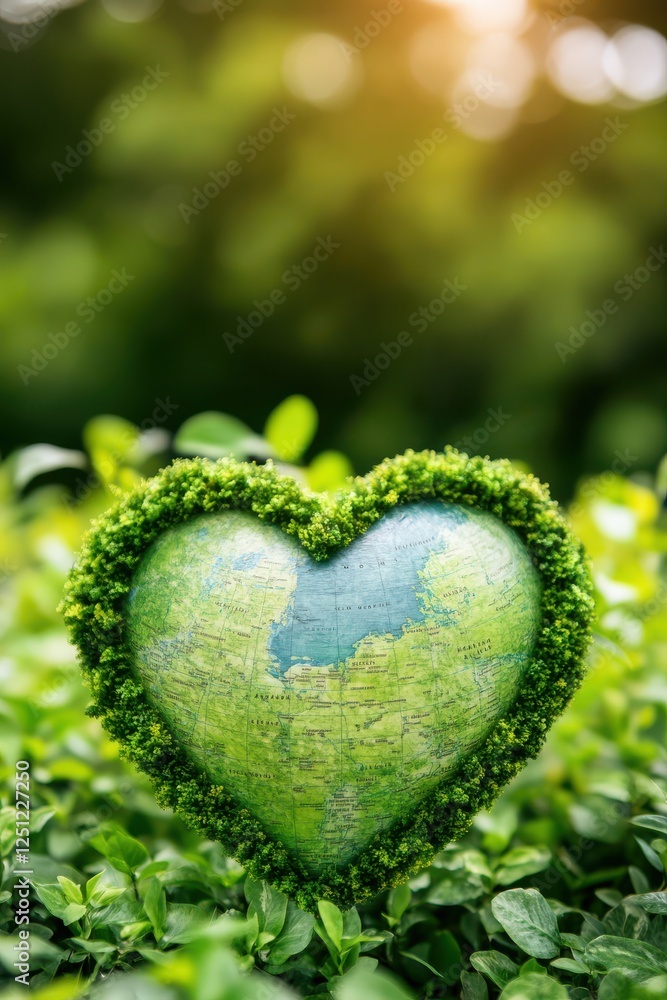 Heart-Shaped Earth Map Surrounded by Lush Green Plants and Leaves Heart-Shaped Earth Map Surrounded by Lush Green Plants and Leaves
