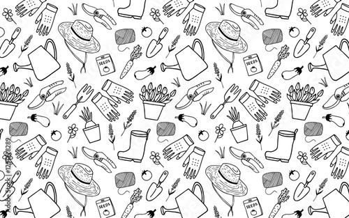 Seamless pattern with gardening tools. Vector hand drawn cute icon equipment and flowers on white background. Plant care.Spring repeated background for wrapping, textile.