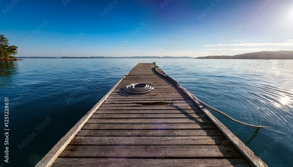 Fototapeta premium a weathered wooden dock extends over calm blue water sunlight reflecting on the surface and casting long shadows on the planks a coiled rope resting at the end