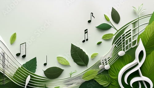a green and white background with musical notes and leaves