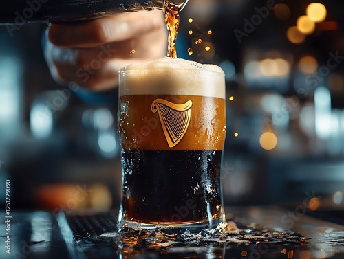 A hand pours dark beer into a glass, creating a frothy head, with a prominent logo visible, set against a blurred bar background. photo