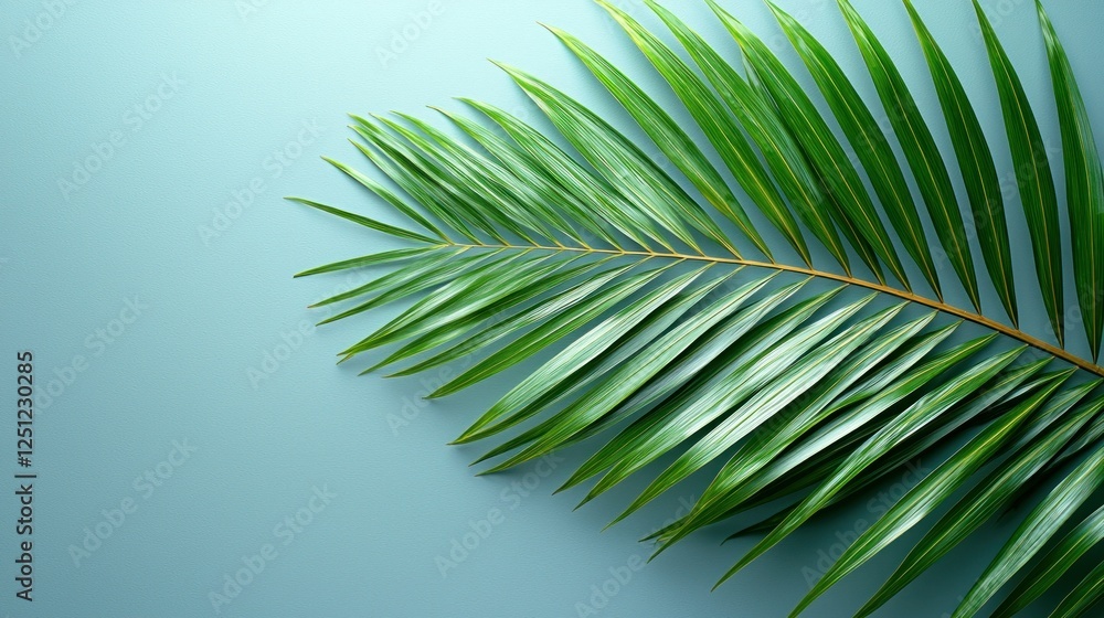 Obraz premium Palm leaf on blue background, copy space
