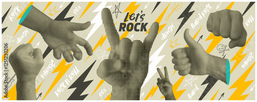 Rock music halftone elements set. 80s. 90s. Cut out hand emoji gestures collection. Various hands signs grunge punk dotted stickers. Modern retro vector Rock and roll music illustration