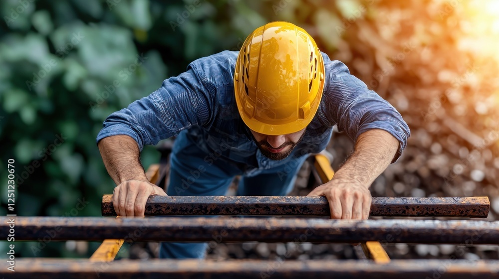 Worker climbing rusty metal structure, jungle background, safety helmet Worker climbing rusty metal structure, jungle background, safety helmet