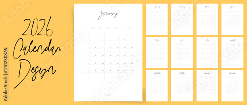 Calendar 2026. Week starts Sunday. Elegant Handwritten design monthly 2026 calendar template vector.	
