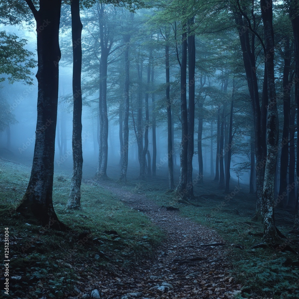 Fototapeta premium Misty forest path, dawn, serene landscape, nature background, fantasy