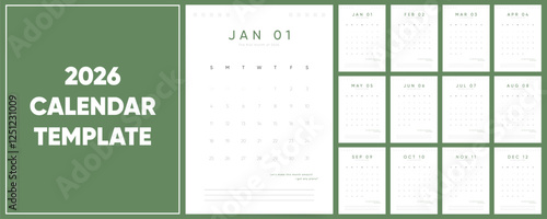 Calendar template for 2026 year. Week starts on Sunday. Wall 2026 calendar A4 format. Casual Vertical Calendar 2026. English vector Calendar monthly pages layout.	