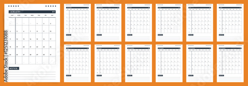 2026 Calendar Template Design. Week starts on Sunday office calendar. A4 planner with place for branding. Bold 2026 calendar. English vector calendar layout for 2026 year.	