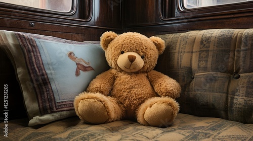Brown teddy bear resting against a pillow in a vintage train compartment setting