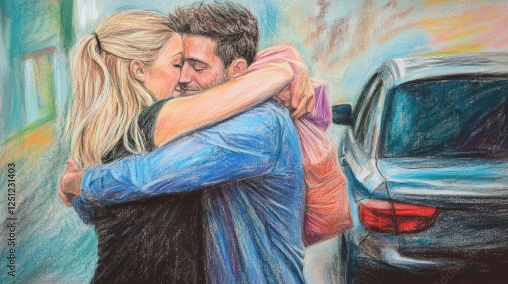 artistic image of saying goodbye to your coworker giving huge hugs. a blond women giving hugs to a male coworker with the car full of bags next to them artistic image of saying goodbye to your coworker giving huge hugs. a blond women giving hugs to a male coworker with the car full of bags next to them